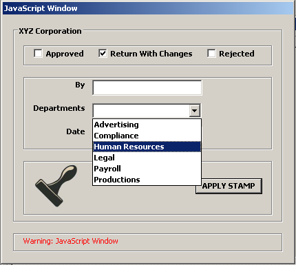 Stamp Dialog Box With Check Boxes and Dropdown